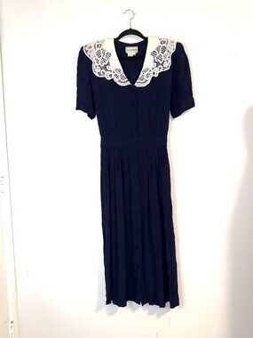 Vintage Prairie Cottagecore Revival Crochet Lace Full Button Midi Dress Sz 16